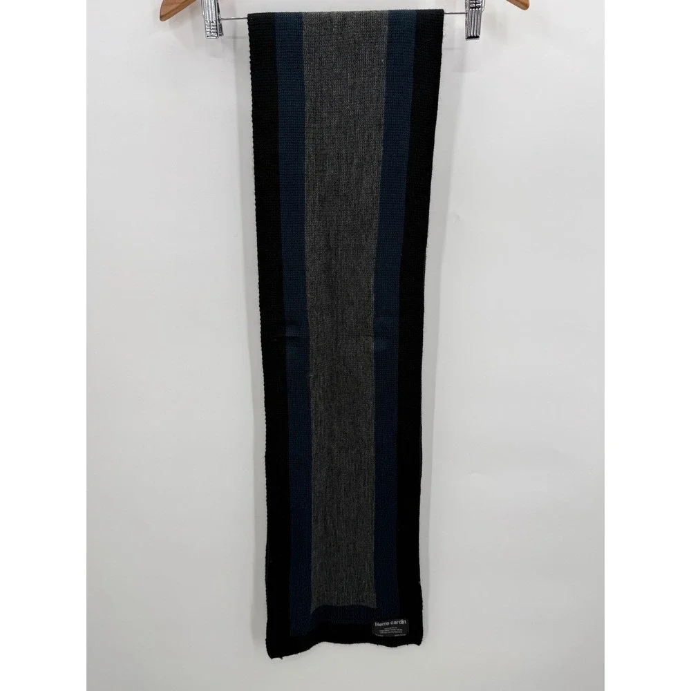 Pierre Cardin Scarf Black Blue Grey Striped‎ Acrylic Knit Men's Accessory
